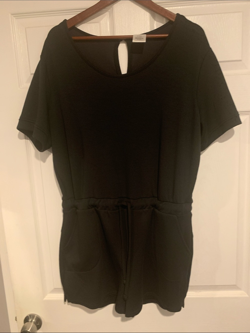 Serra Black Short-Sleeve Romper with Drawstring Waist and Two front pockets